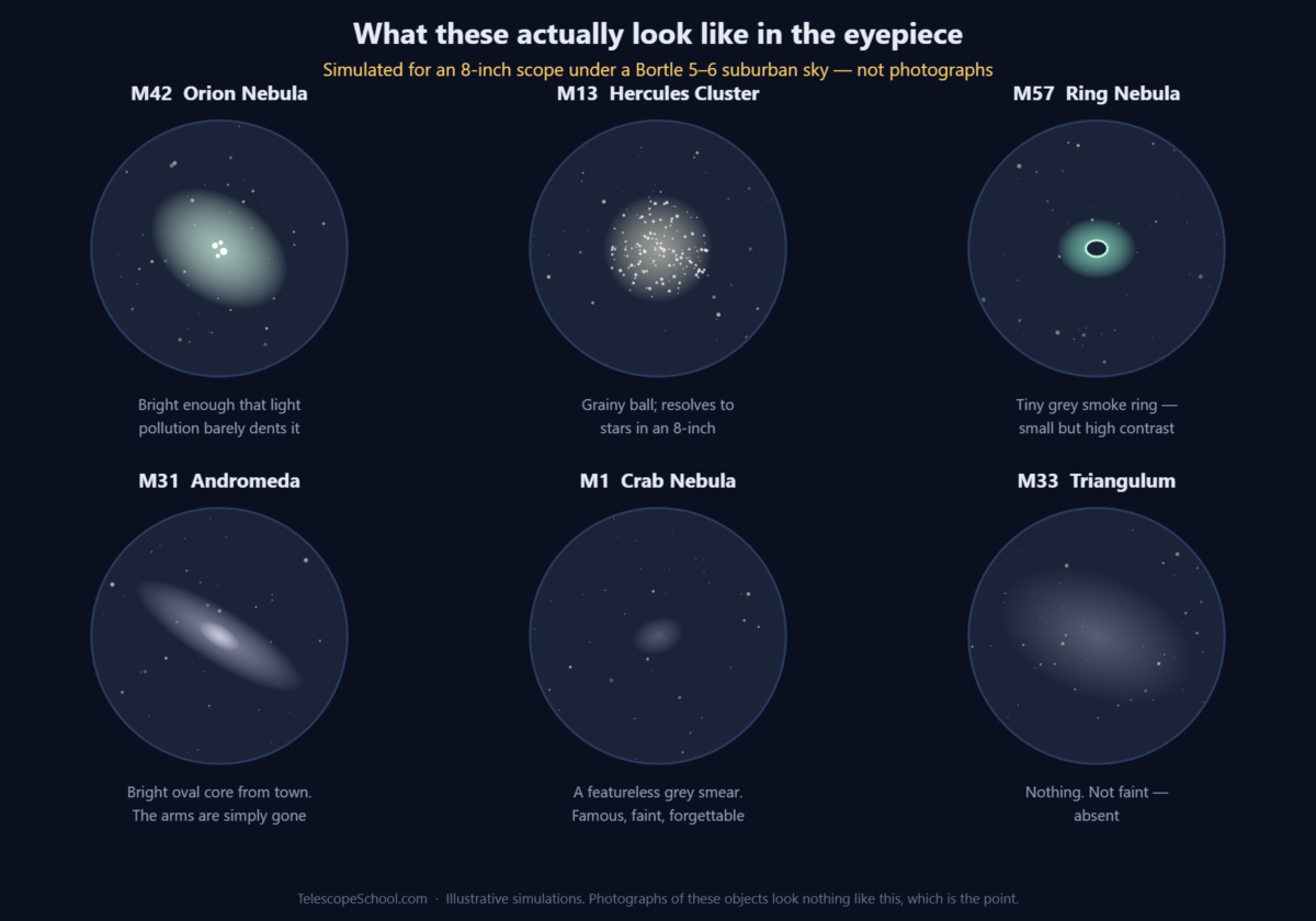 Six simulated eyepiece views of M42, M13, M57, M31, M1 and M33 as they appear from a Bortle 5-6 suburban sky