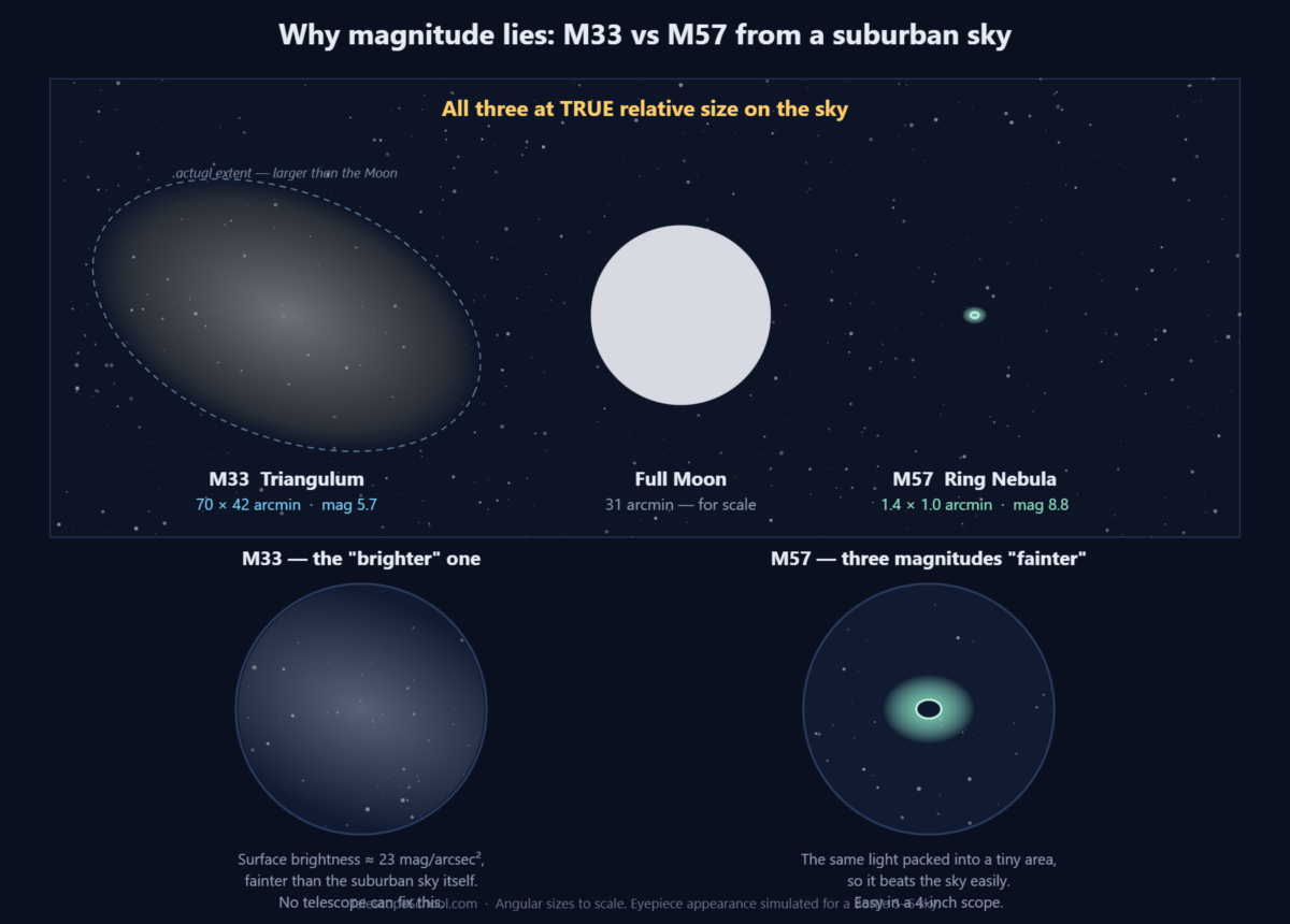 Diagram comparing M33 and M57 at true relative size against the full Moon, showing why integrated magnitude misleads beginners