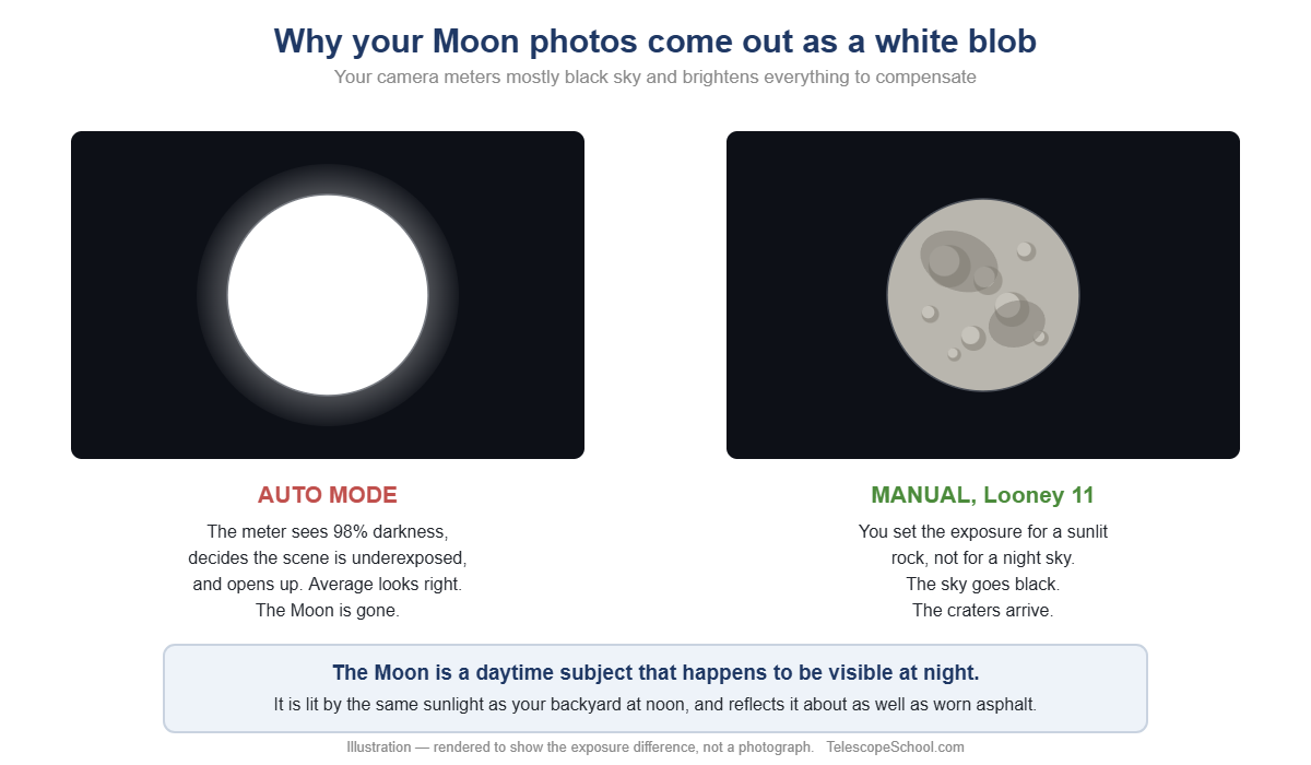Illustration comparing an overexposed white blob Moon in auto mode with a correctly exposed Moon showing craters