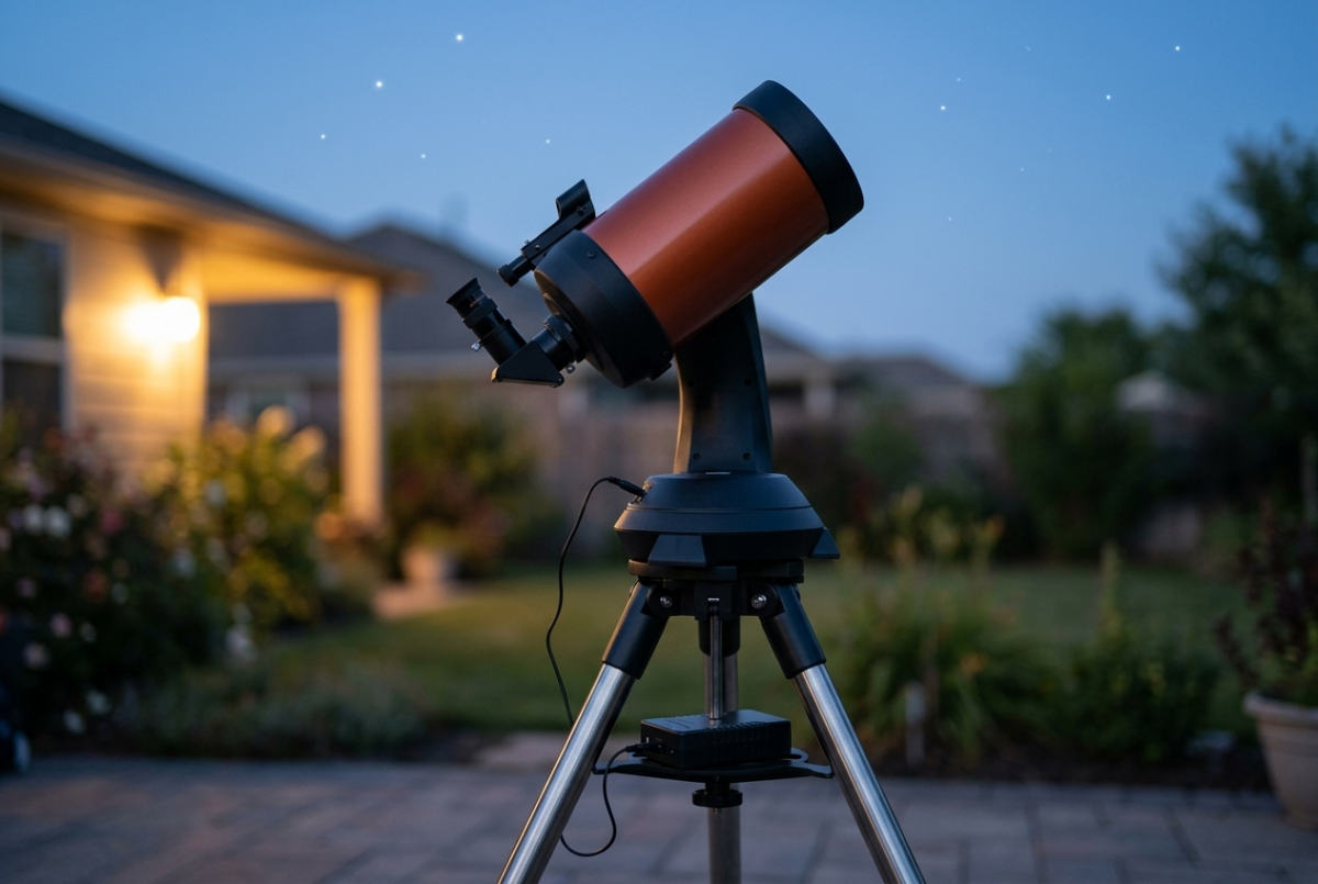 Celestron NexStar 5SE telescope on its tripod at dusk with a TalentCell 12V lithium battery pack powering the mount