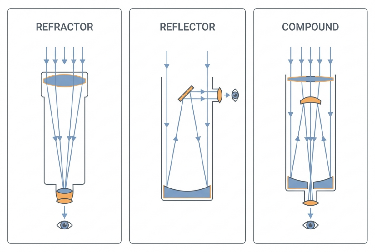 Diagram comparing the light paths of refractor, reflector, and compound telescopes