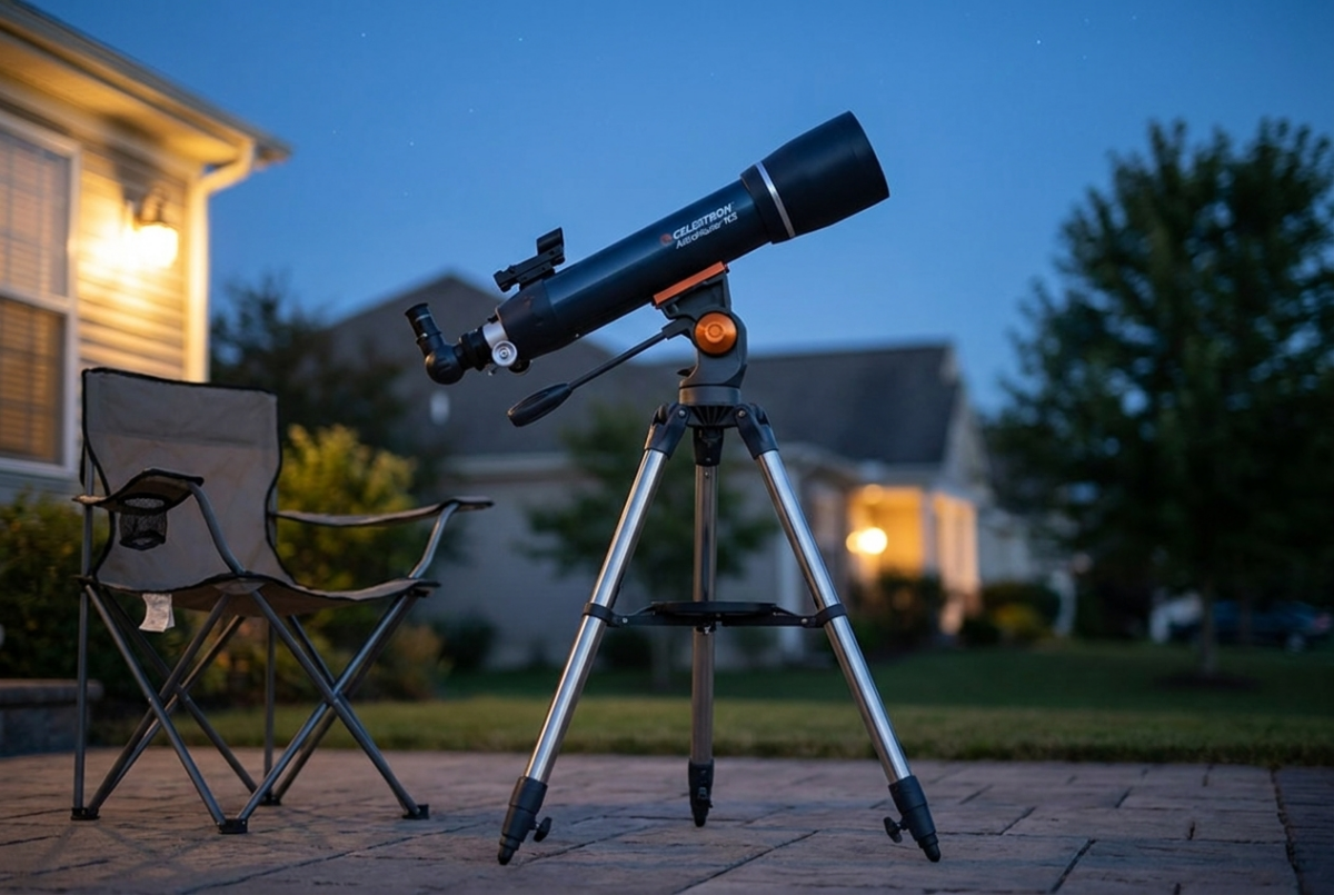 A refractor telescope set up in a backyard at dusk, its long sealed tube aimed at the sky