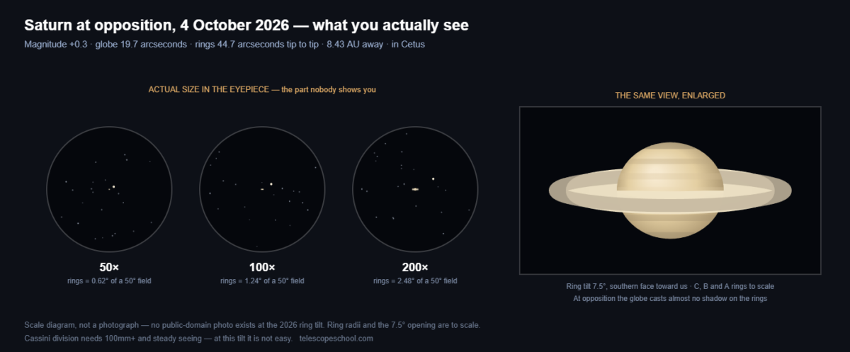 Saturn at opposition on 4 October 2026 shown at true scale through 50x, 100x and 200x eyepieces, with an enlarged view showing the 7.5 degree ring tilt