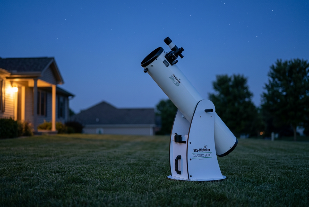 Sky-Watcher Classic 200P Dobsonian telescope set up on a suburban lawn at dusk