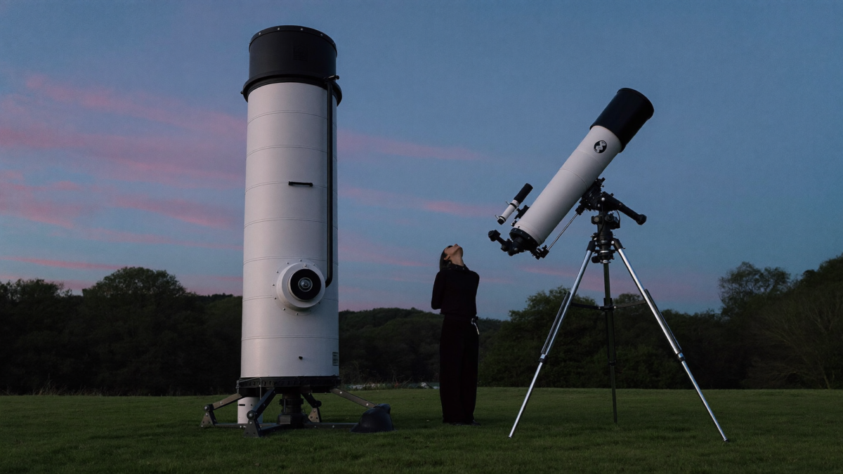 A large traditional Dobsonian telescope and a small compact telescope side by side under a starry twilight sky