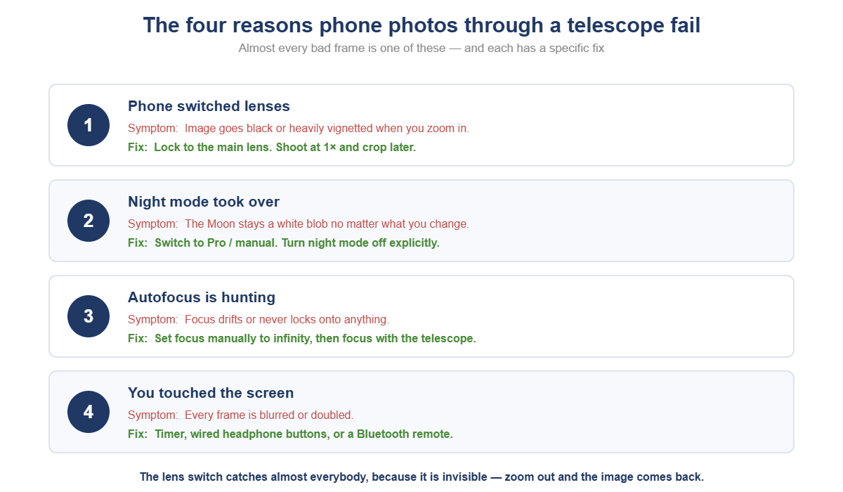 Table of the four common smartphone telescope photography failures with the symptom and fix for each