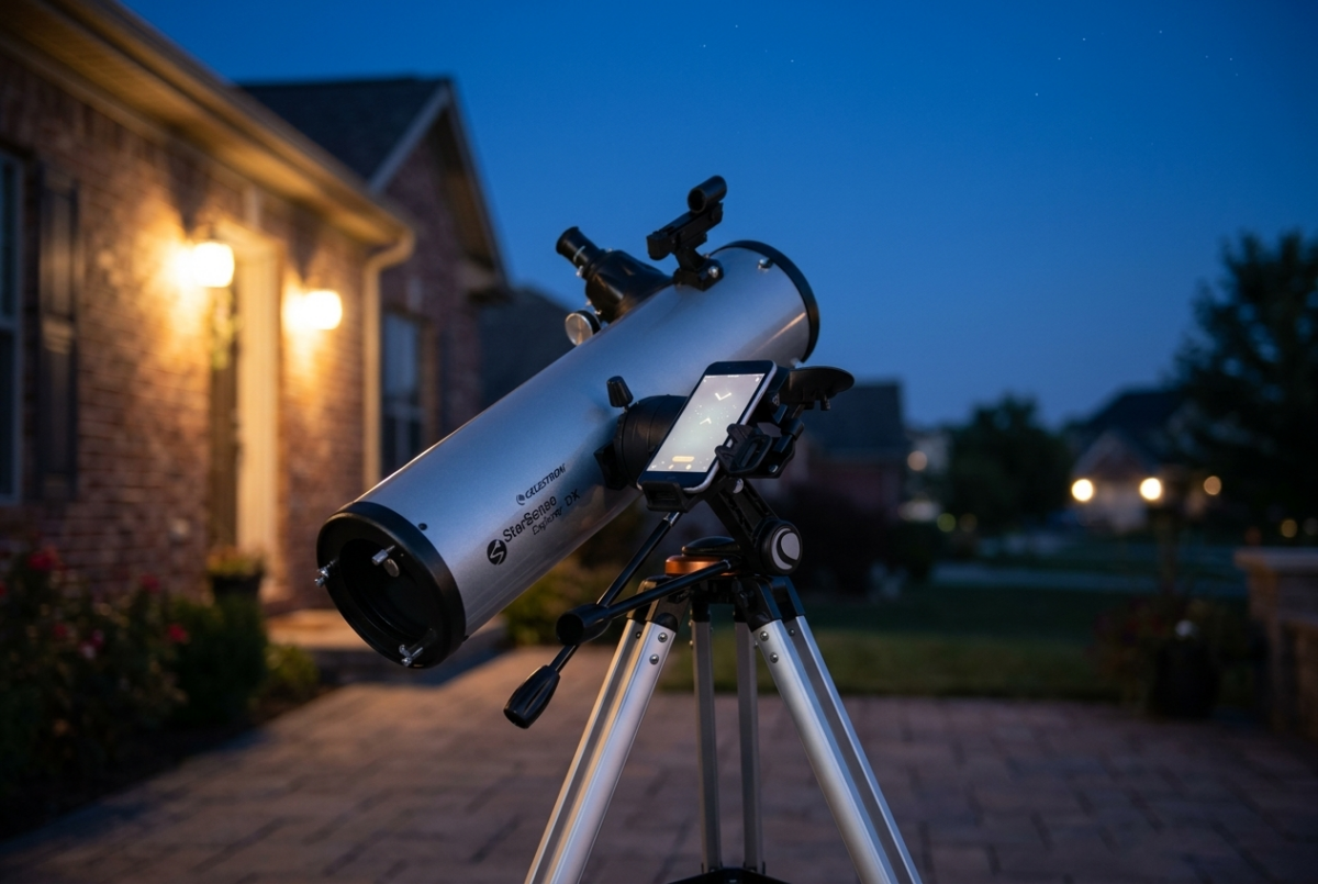 Celestron StarSense Explorer DX 130AZ reflector telescope on its mount at dusk with a smartphone docked in the StarSense bracket