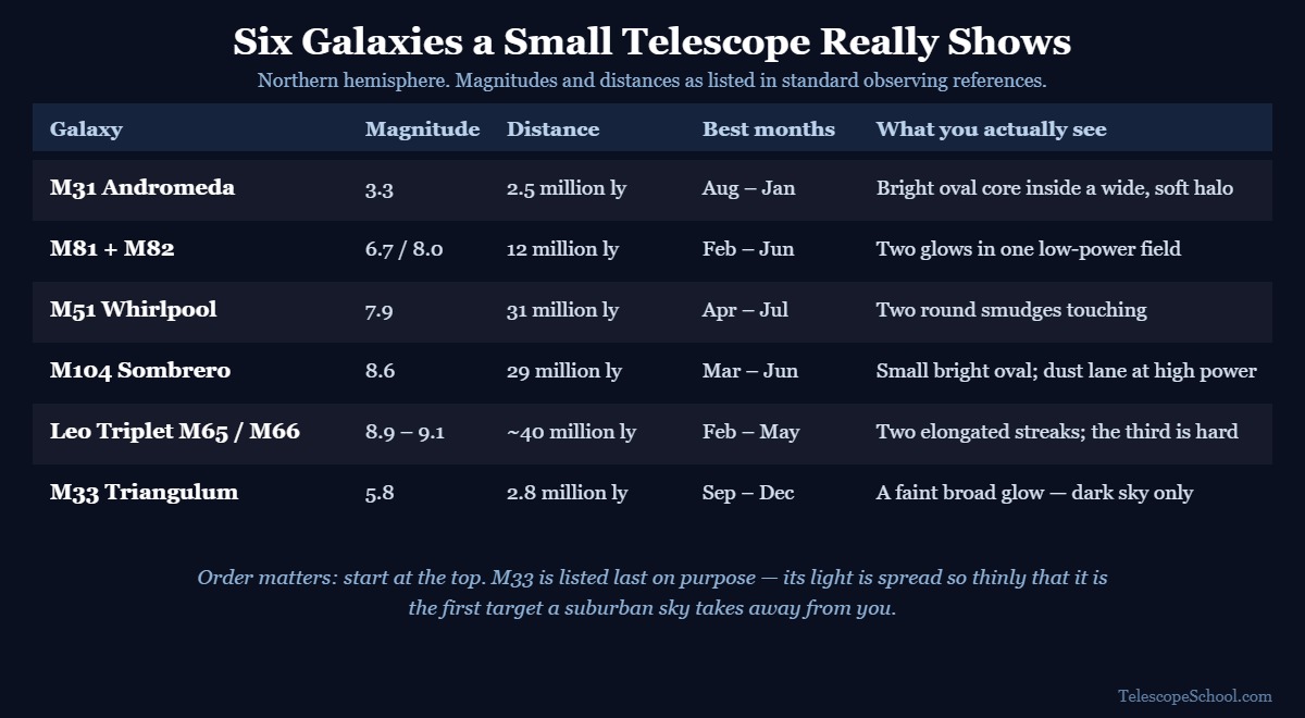 Comparison table of six galaxies for a small telescope showing magnitude, distance, best months and what you actually see