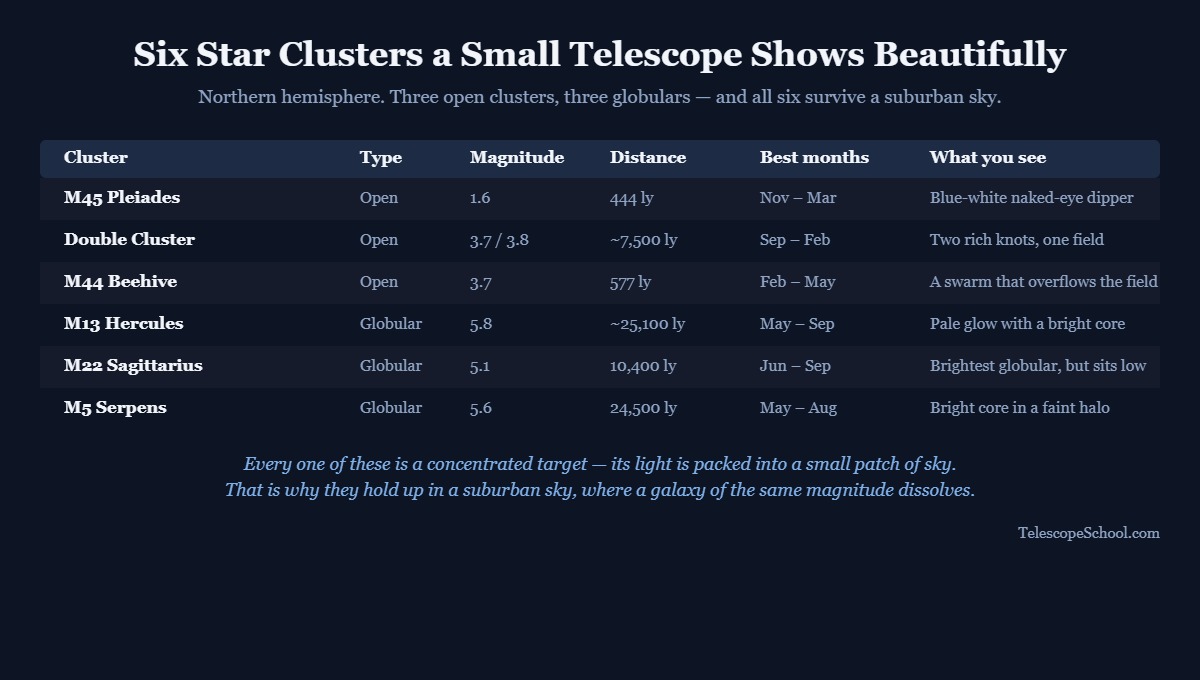 Table of six star clusters M45, the Double Cluster, M44, M13, M22 and M5 with type, magnitude, distance, best months and eyepiece appearance