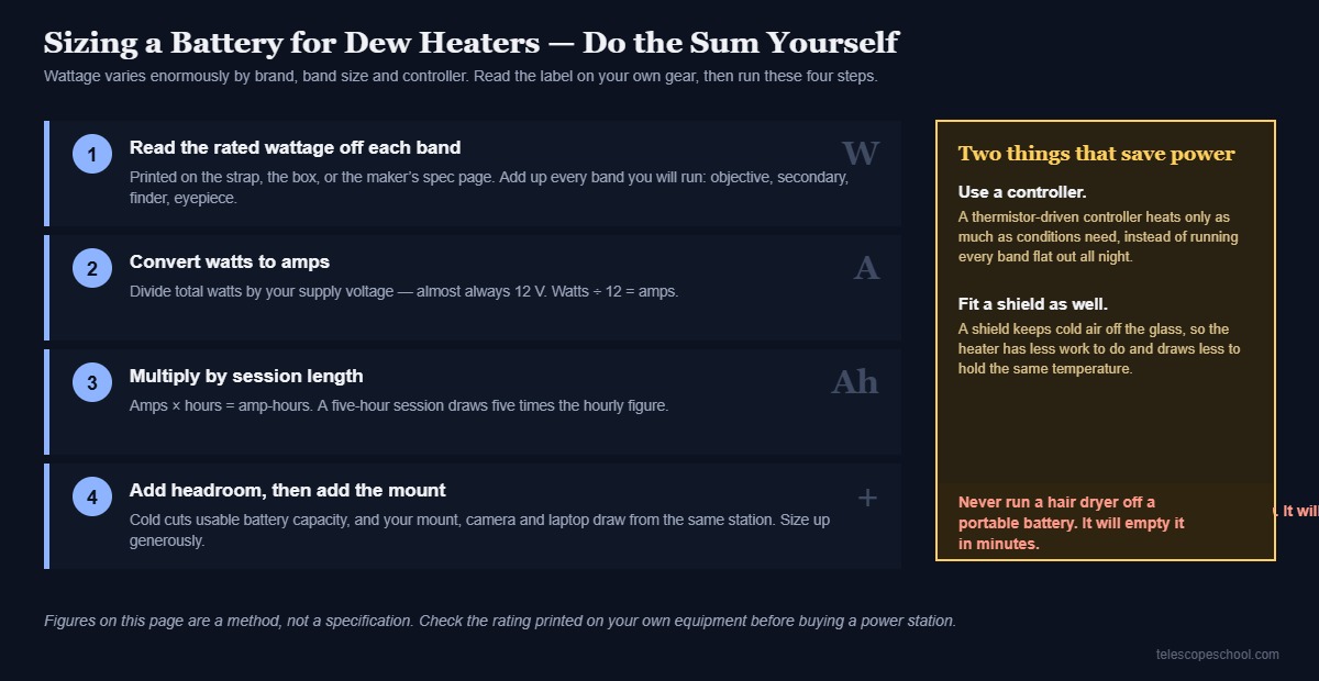 Four-step worksheet for calculating the amp-hour battery capacity needed to run telescope dew heaters through an observing session