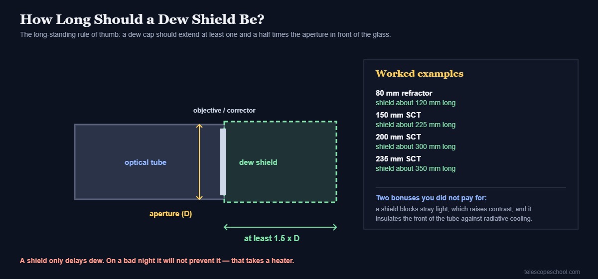 Diagram showing a dew shield extending at least one and a half times the telescope aperture in front of the objective, with worked examples for 80mm to 235mm instruments
