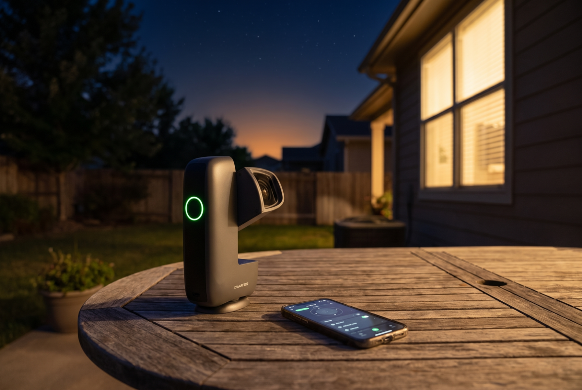 A DWARF mini smart telescope set up on a patio table at night with a phone running its control app beside it