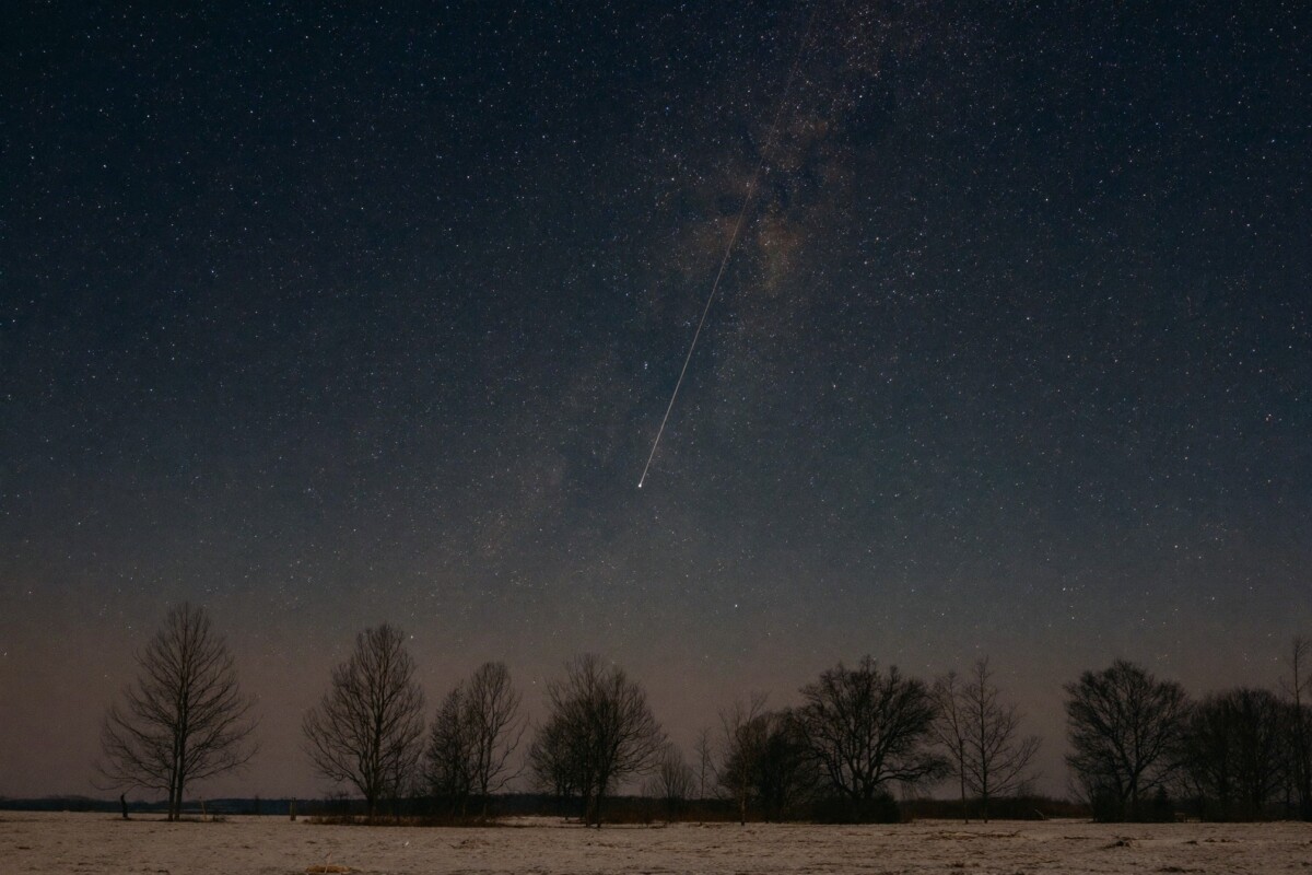 A star-filled winter night sky above a bare treeline with a meteor streaking across the Milky Way