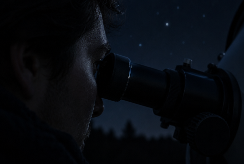 An observer with an eye pressed to a telescope eyepiece under a very dark sky, lit only by a faint glimmer