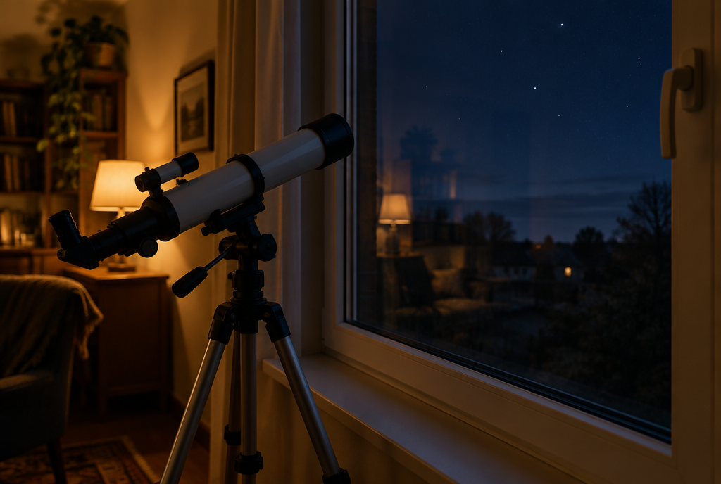 A small refractor telescope standing indoors in a warmly lit room, pointed out through a closed window at a dark night sky