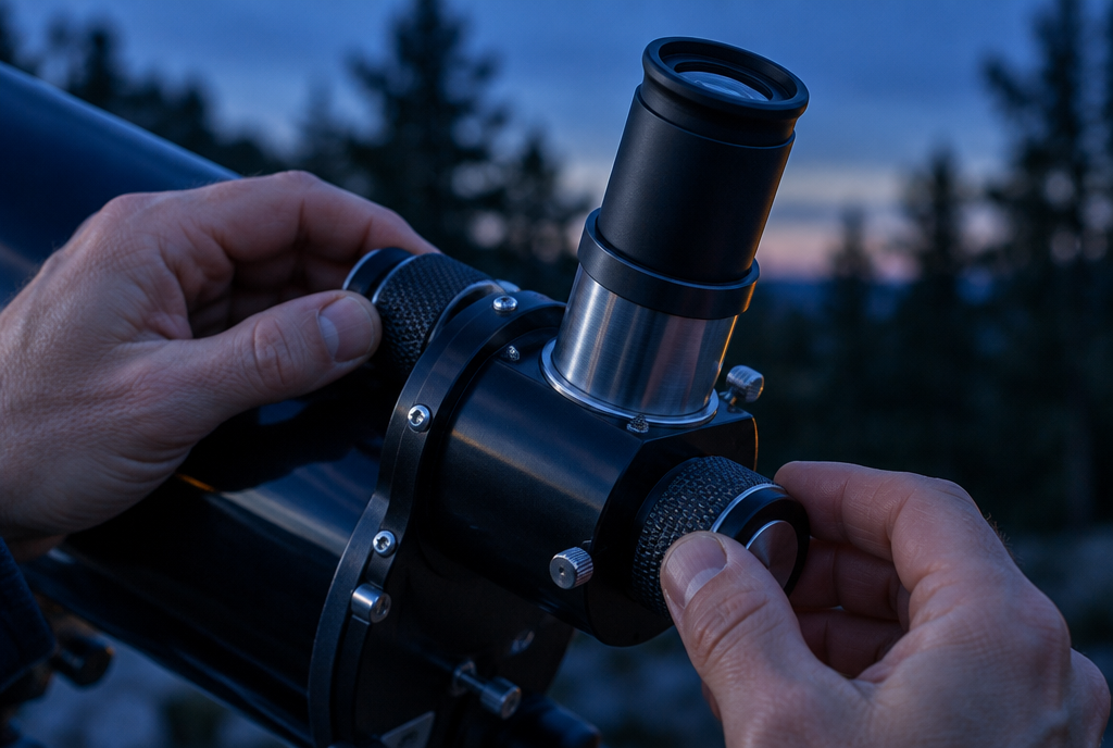 Close up of hands turning the knurled focus knobs on a telescope focuser at dusk, with the drawtube racked part way out