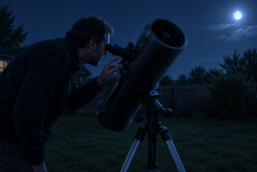 An observer leaning in to the side-mounted eyepiece of a Newtonian reflector on a tripod in a moonlit backyard, one hand resting lightly on the focus knob