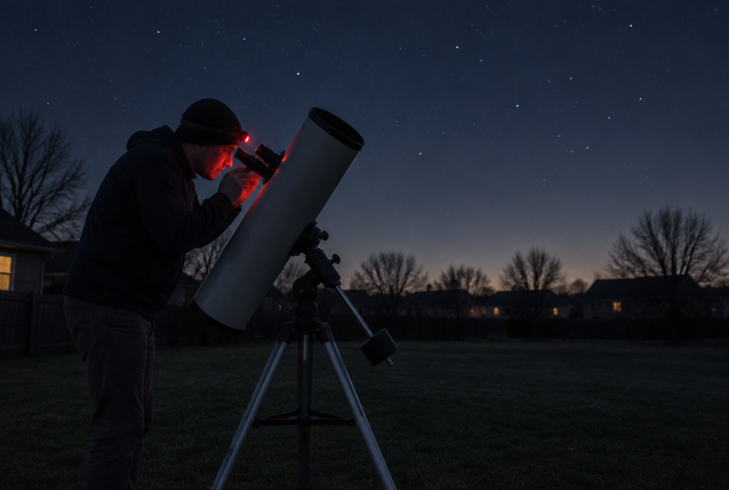 Amateur astronomer at the eyepiece of a small Newtonian reflector on a suburban lawn at night, lit by a red headlamp