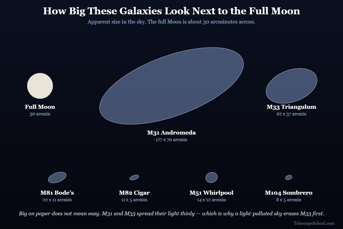 Scale diagram comparing the apparent sizes of M31, M33, M81, M82, M51 and M104 against the disc of the full Moon