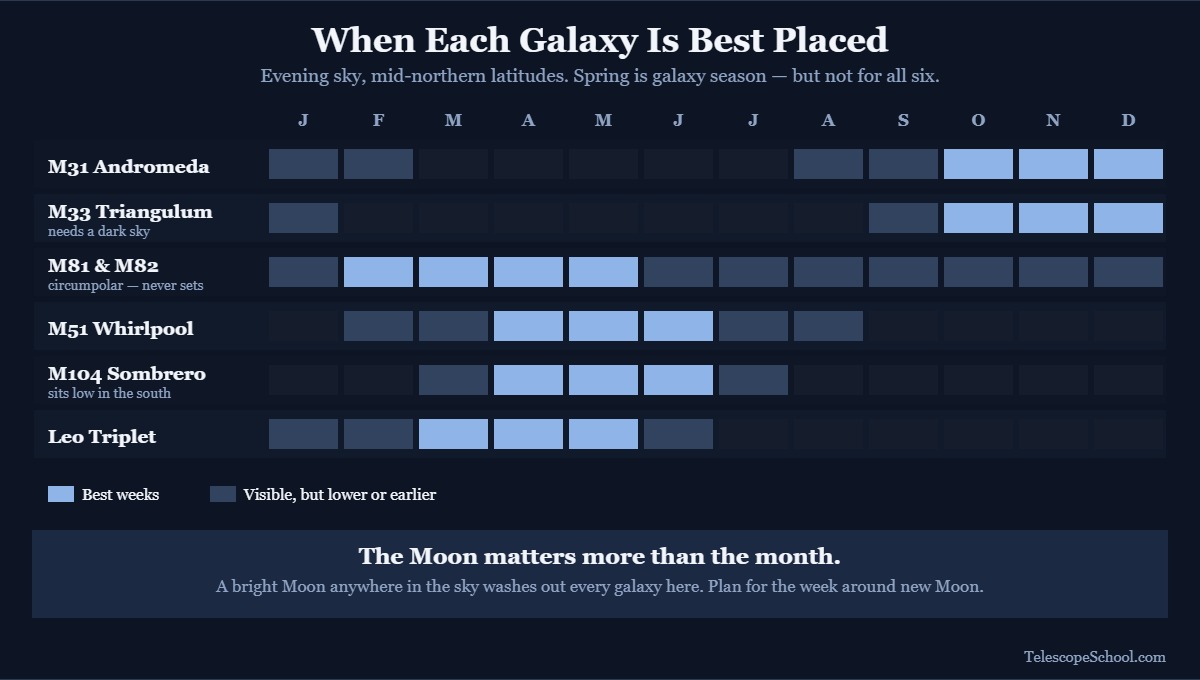 Chart showing which months M31, M33, M81, M82, M51, M104 and the Leo Triplet are best placed in the evening sky