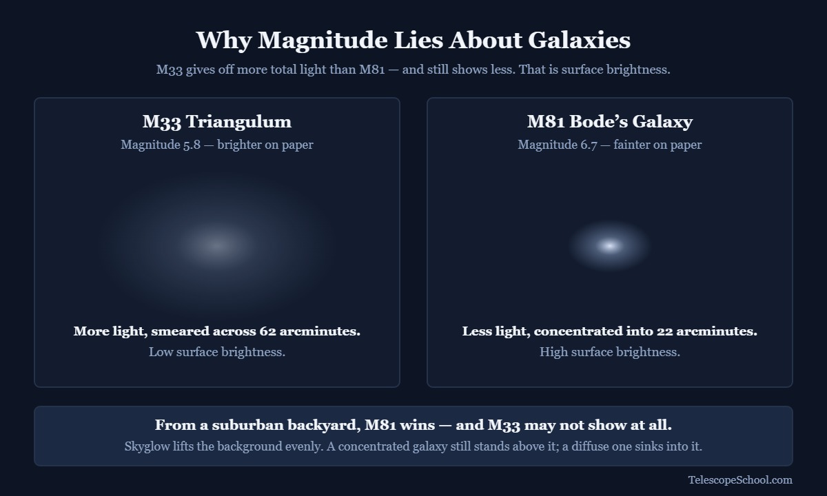 Diagram comparing M33 spread over 62 arcminutes with M81 concentrated into 22 arcminutes to explain surface brightness