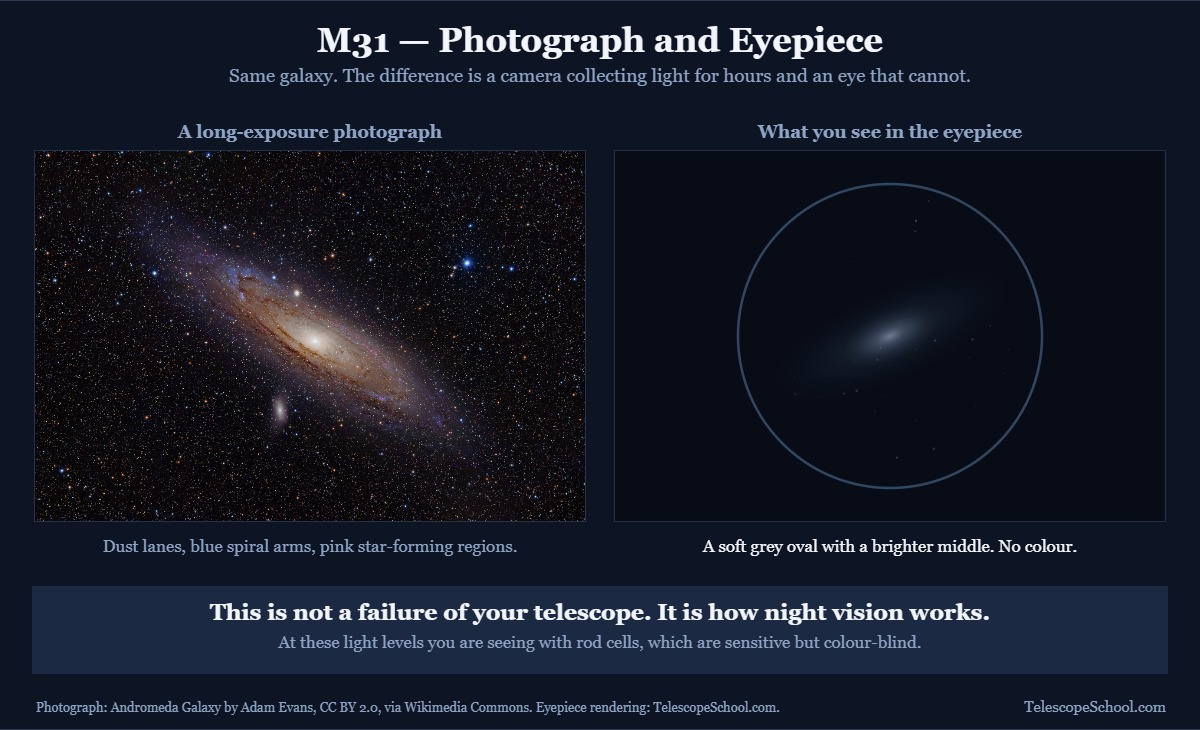 Side by side comparison of a long-exposure photograph of the Andromeda Galaxy M31 and a rendering of how it appears in a small telescope eyepiece as a soft grey oval