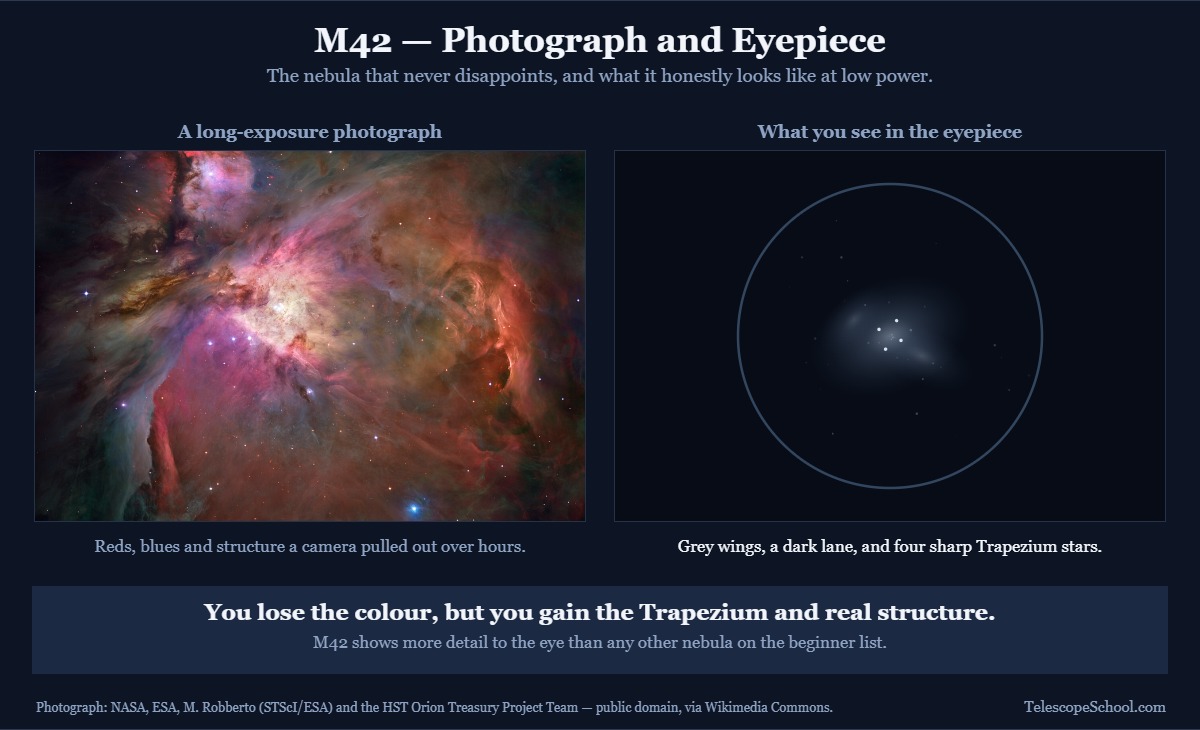 Side by side comparison of a Hubble photograph of the Orion Nebula M42 and a rendering of how it appears in a small telescope eyepiece as grey wings with the Trapezium stars