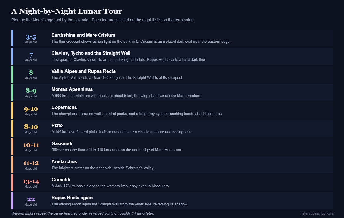 Table listing lunar features to observe by Moon age from three days to twenty-two days after new Moon