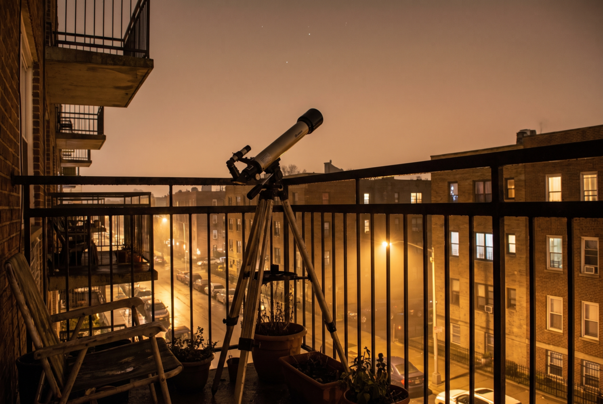 A telescope on a city apartment balcony under an orange light-polluted sky with only a few bright stars visible