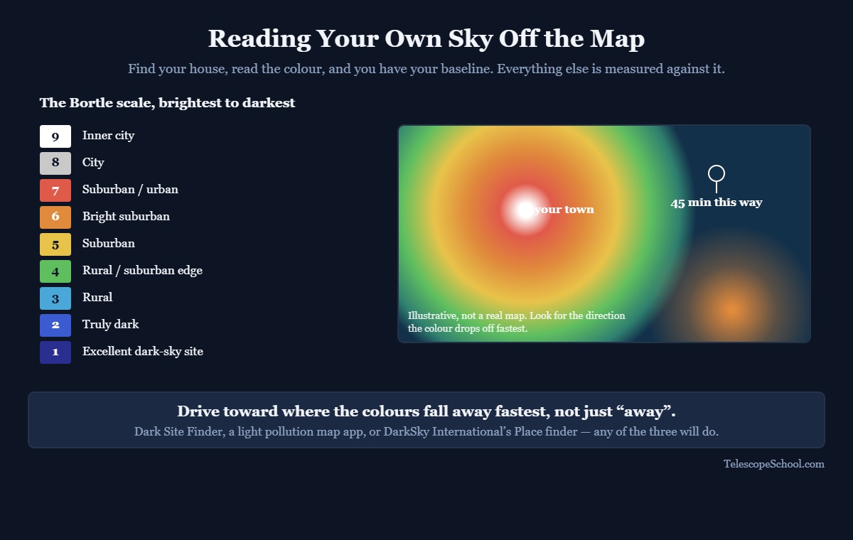 Illustrative light pollution map with the Bortle scale colour key from class 9 inner city to class 1 excellent dark sky site