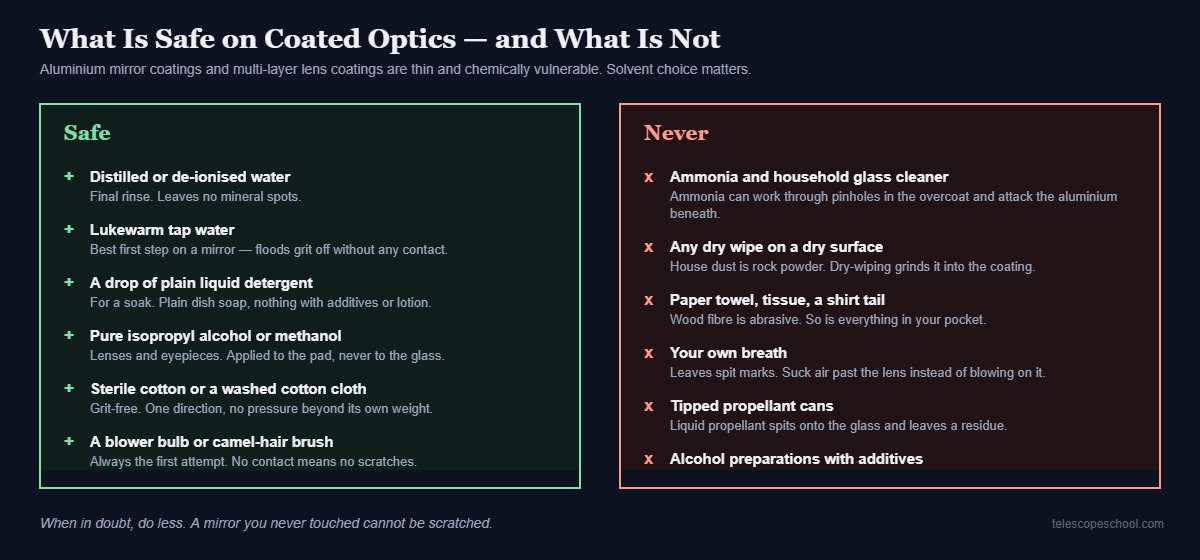 Two-column table listing cleaning agents and methods that are safe on coated telescope optics and those that are never safe, including ammonia and dry wiping