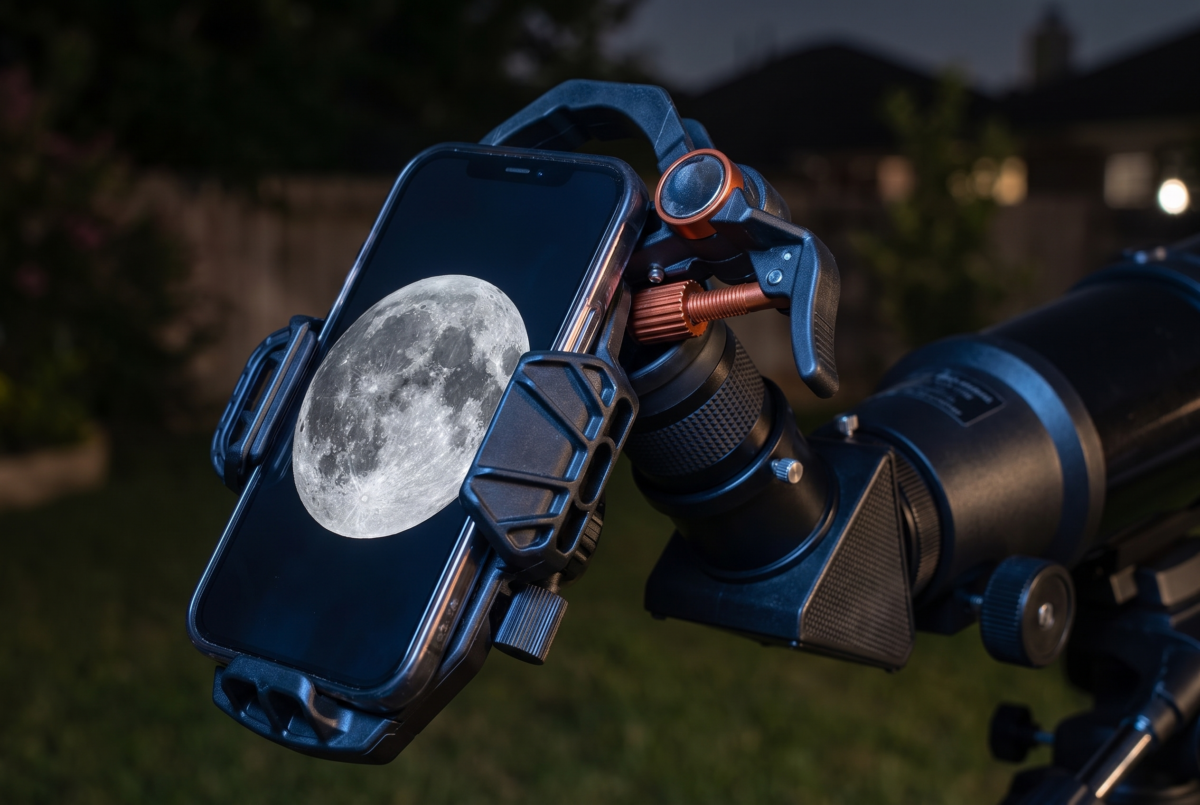 A smartphone clamped to a telescope eyepiece in a Celestron NexYZ adapter at night, the phone screen showing a bright detailed Moon