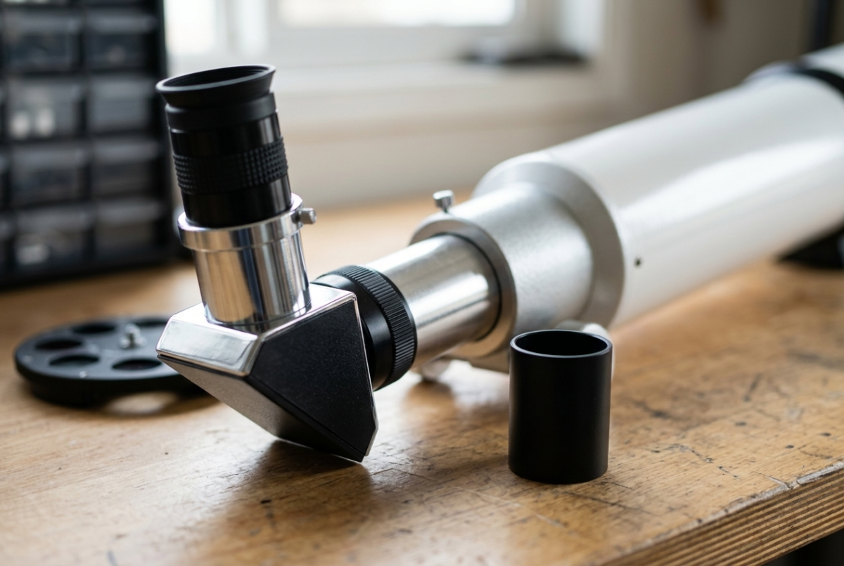 A 90-degree star diagonal and eyepiece fitted to a racked-out telescope focuser, with a 1.25-inch extension tube on the bench beside it