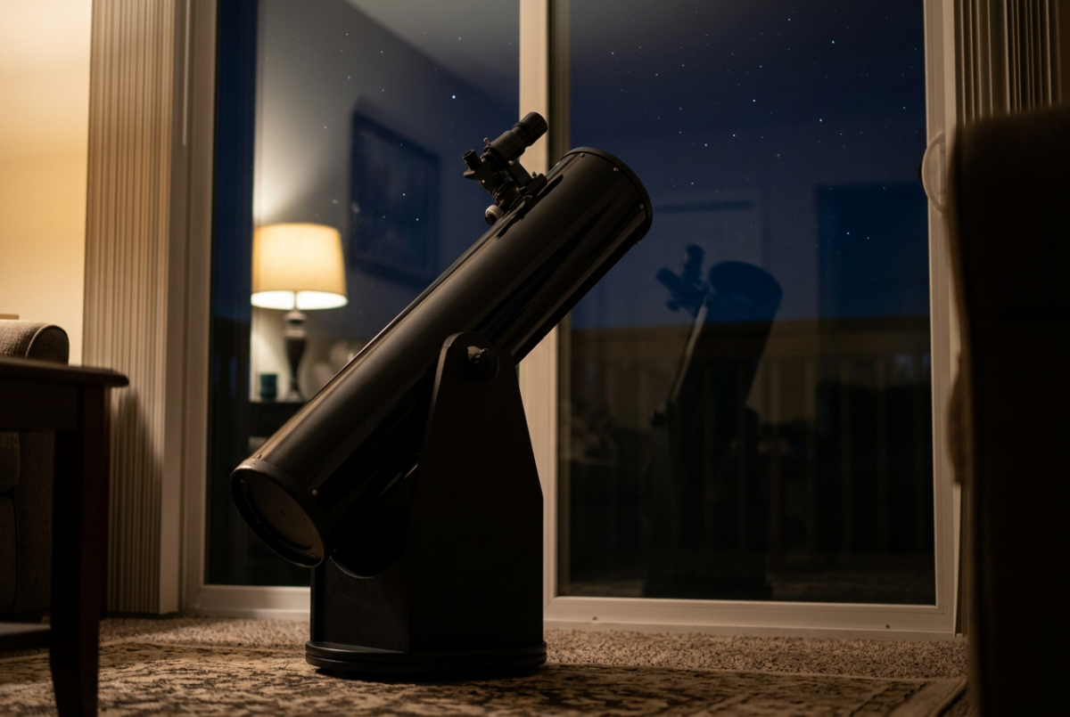 A Dobsonian reflector telescope indoors, tilted up and aimed through a closed patio door at night, with a lamp and the telescope itself reflected in the glass