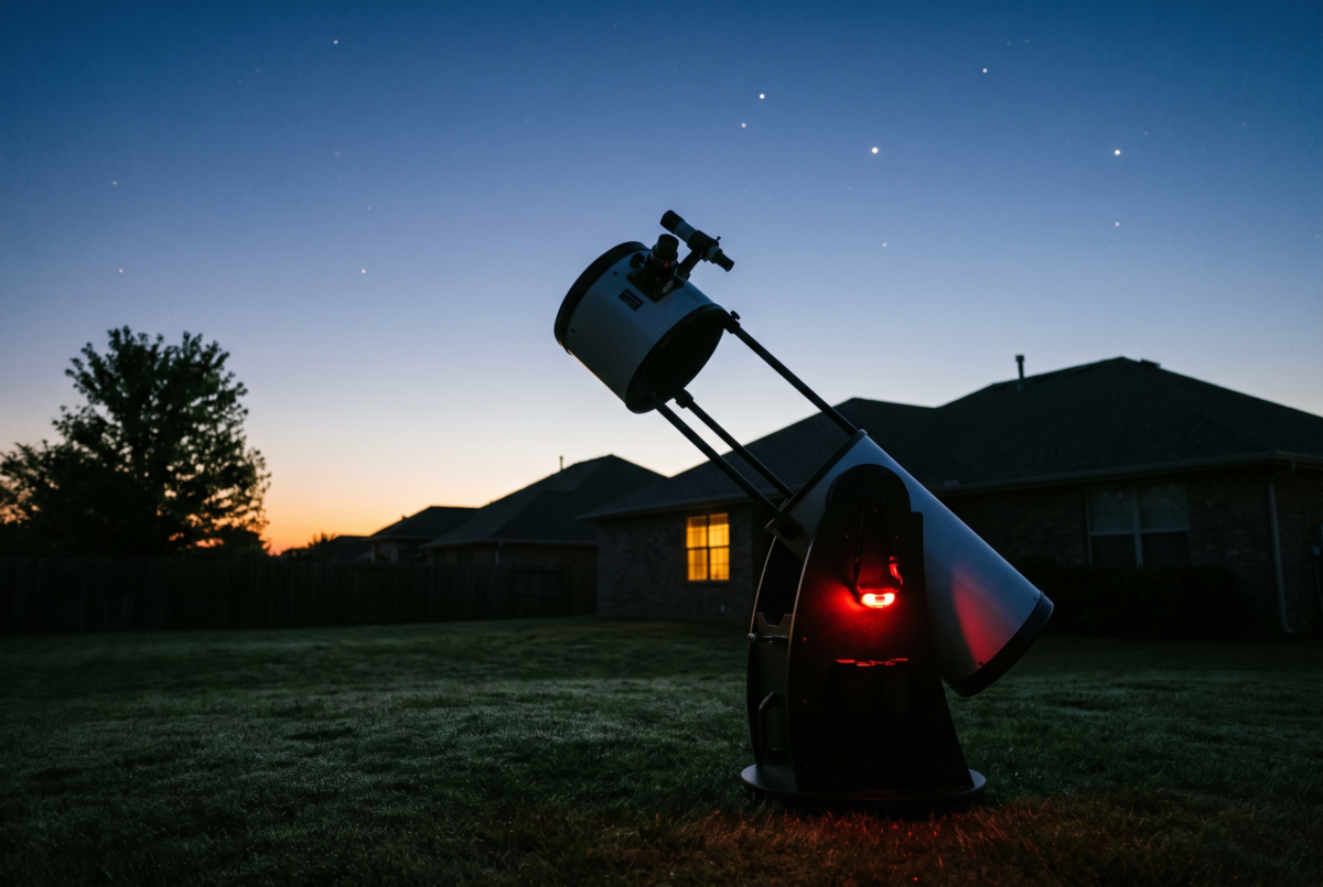 A refractor telescope set up on a suburban lawn at deep blue twilight, cooling down before an observing session
