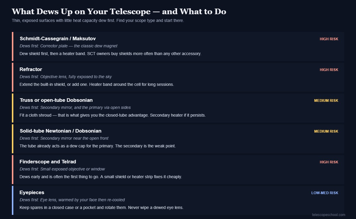 Table of telescope types showing which surface dews first on each and the recommended dew control fix, from SCT correctors to Dobsonian secondaries and finderscopes