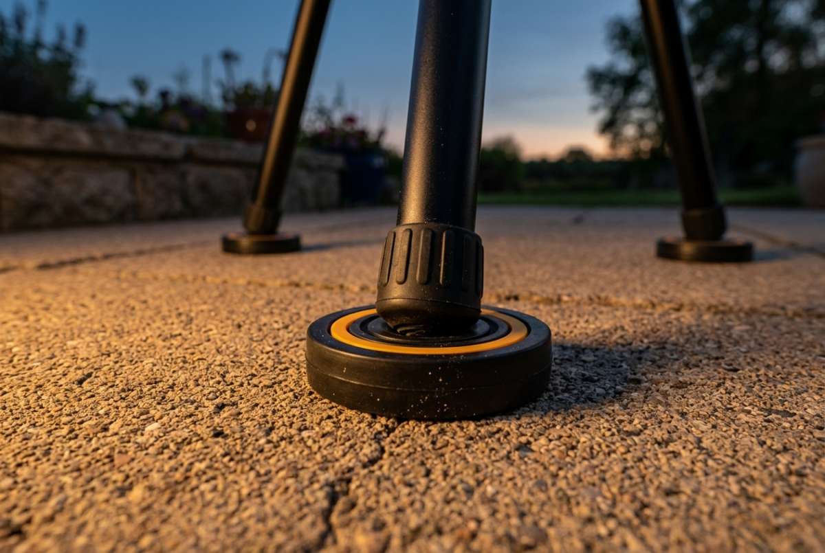 A telescope tripod leg resting on a circular vibration suppression pad on a concrete patio at dusk