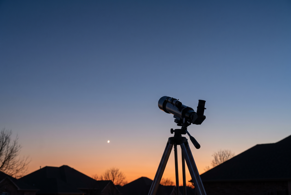 Venus as a brilliant point of light low in a deep blue twilight sky, with a small telescope silhouetted in the foreground