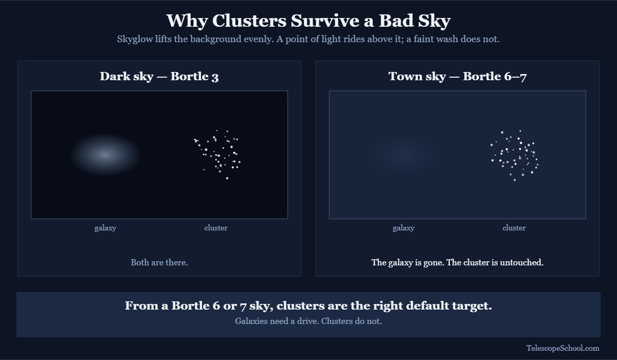Comparison of a galaxy and a star cluster under a dark Bortle 3 sky and a Bortle 6 to 7 town sky, showing the galaxy disappearing while the cluster stays visible