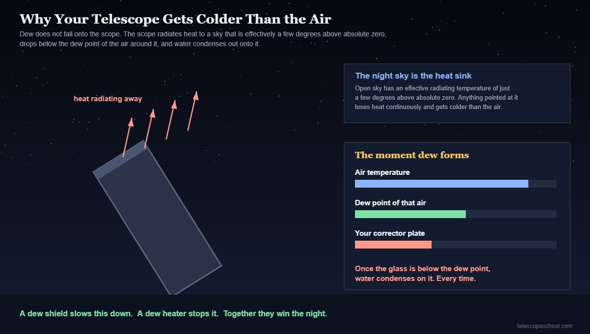 Diagram showing a telescope tube radiating heat to the night sky and cooling below the dew point of the surrounding air so that dew condenses on the optics